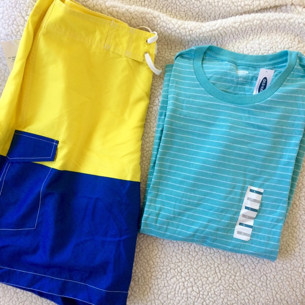 Men's Teal Striped Shirt and Color Block Board Shorts Bundle NWT